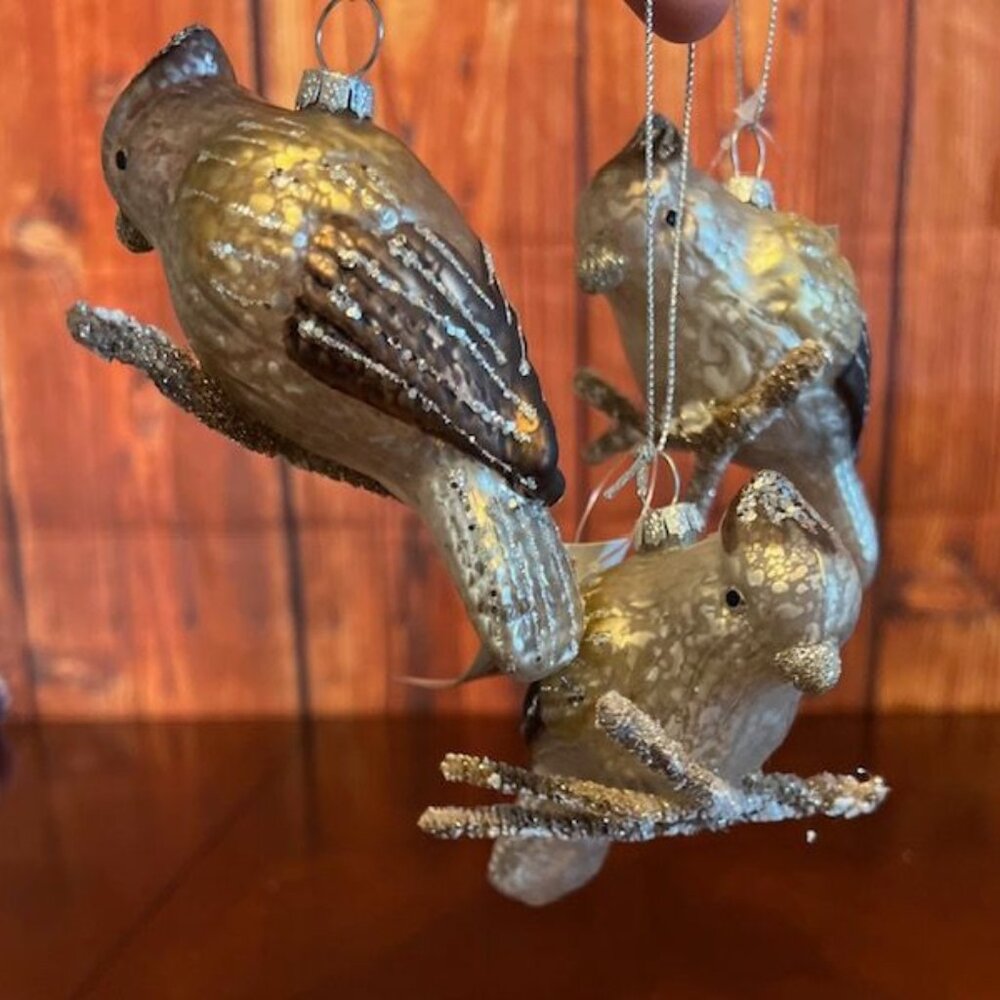 Set Of 3 Glass Bird on brach Christmas Ornaments With Glitter‎ Accents Hanging